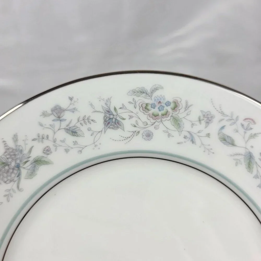 FOUR Oxford China Spring Salad Plate Multicolor Floral Rim Aqua Band
